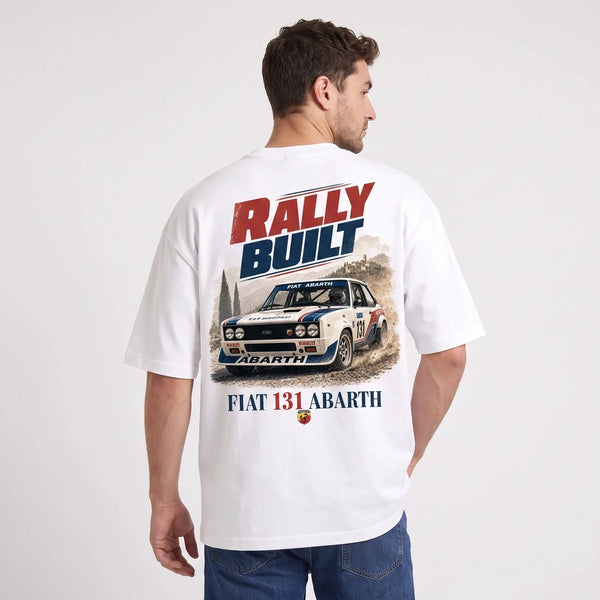 T-shirt Fiat 131 Abarth blanc, voiture de rallye vue de dos