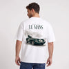 Weißes T-Shirt Jaguar D-Type Le Mans N°6: Born for Le Mans getragen, Rückansicht