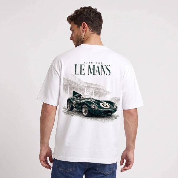 Weißes T-Shirt Jaguar D-Type Le Mans N°6: Born for Le Mans getragen, Rückansicht