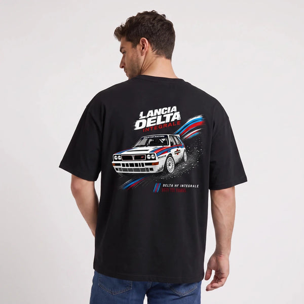 T-shirt Lancia Delta Integrale noir, voiture de rallye vue de dos