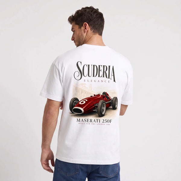 T-shirt Maserati 250F Scuderia Elegance blanc, monoplace rouge numéro 6 vue de dos