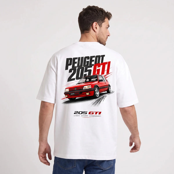 T-shirt Peugeot 205 GTI blanc, sportive française rouge vue de dos